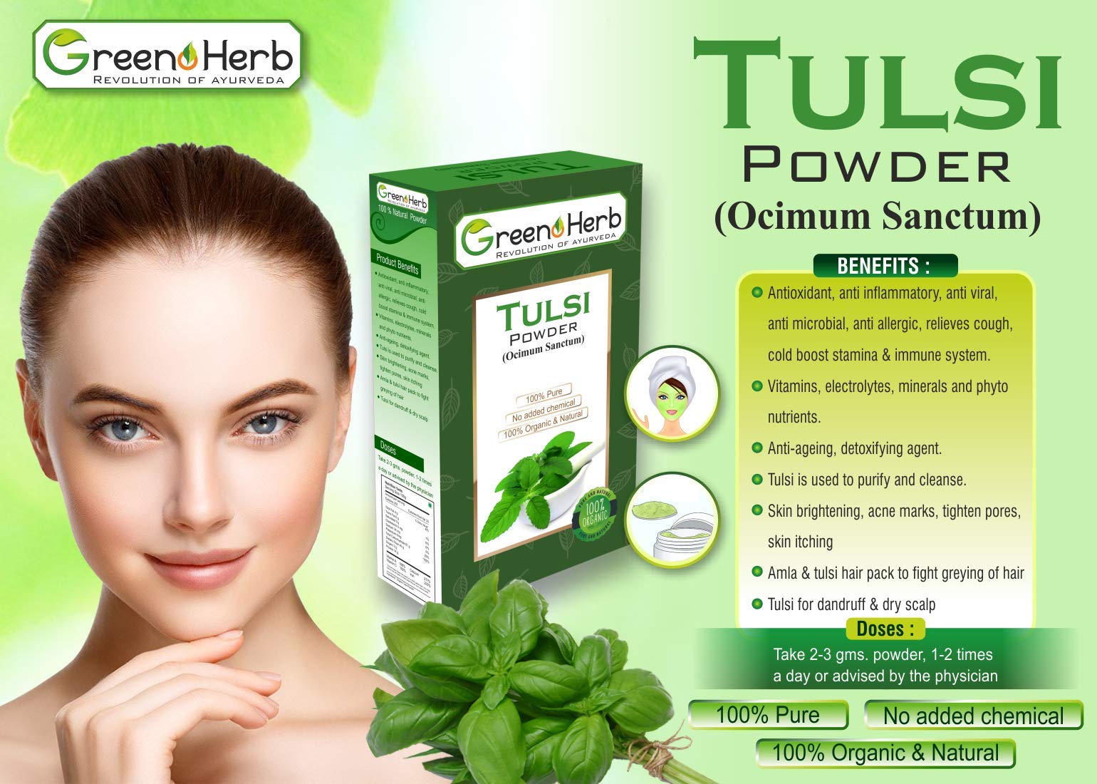 Greenoherb Tulsi Leaf Powder|100 g Pack of 4|Ocimum Sanctum|Holy